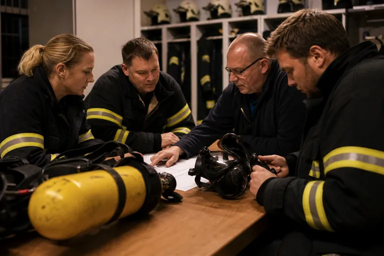 Wehrführung und Gerätewart besprechen Zuständigkeiten für Atemschutz im Feuerwehrgerätehaus.